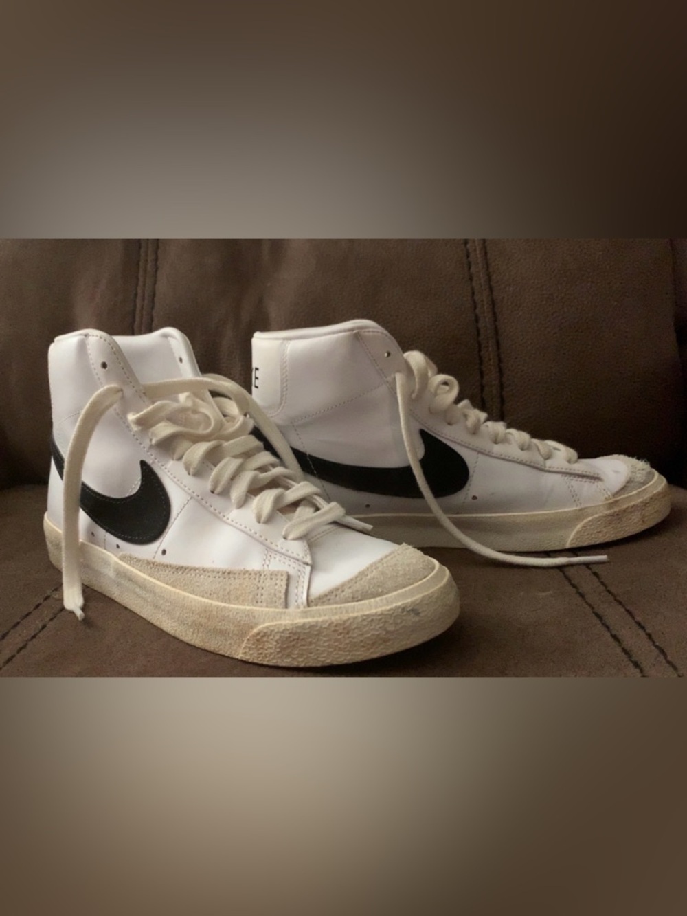 Nike White and Cream High-Top Sneakers with Black Logo